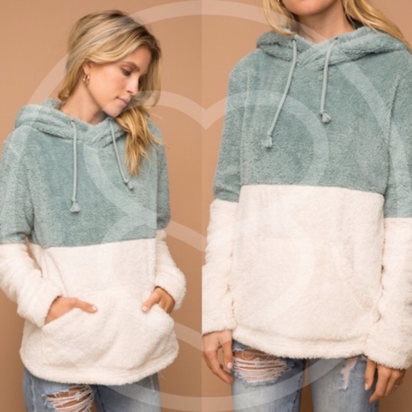 GEORGIA Color Block Faux Fur Hoodie Top - MINT - Picture 3 of 3